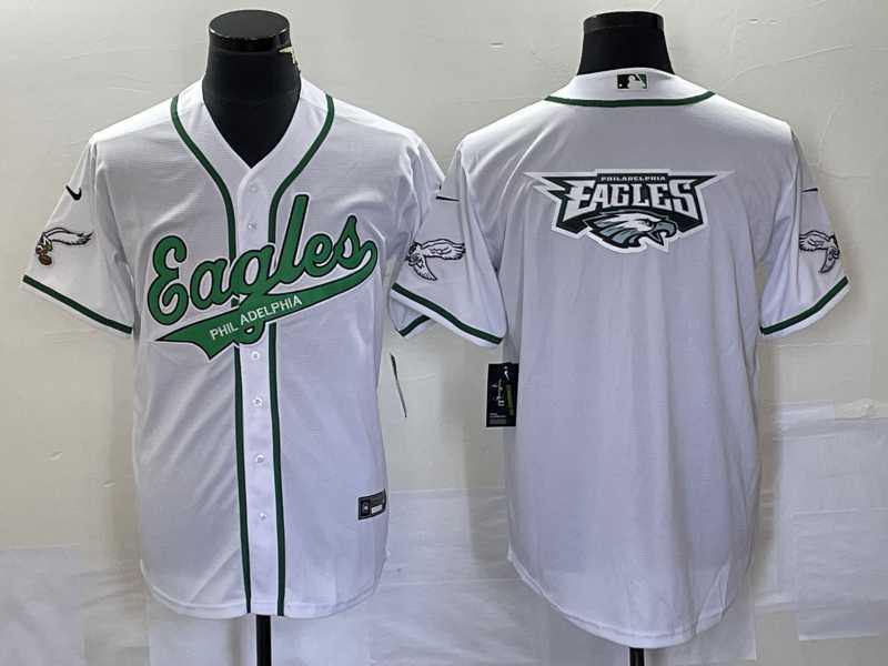 Mens Philadelphia Eagles White Team Big Logo Cool Base Stitched Baseball Jersey